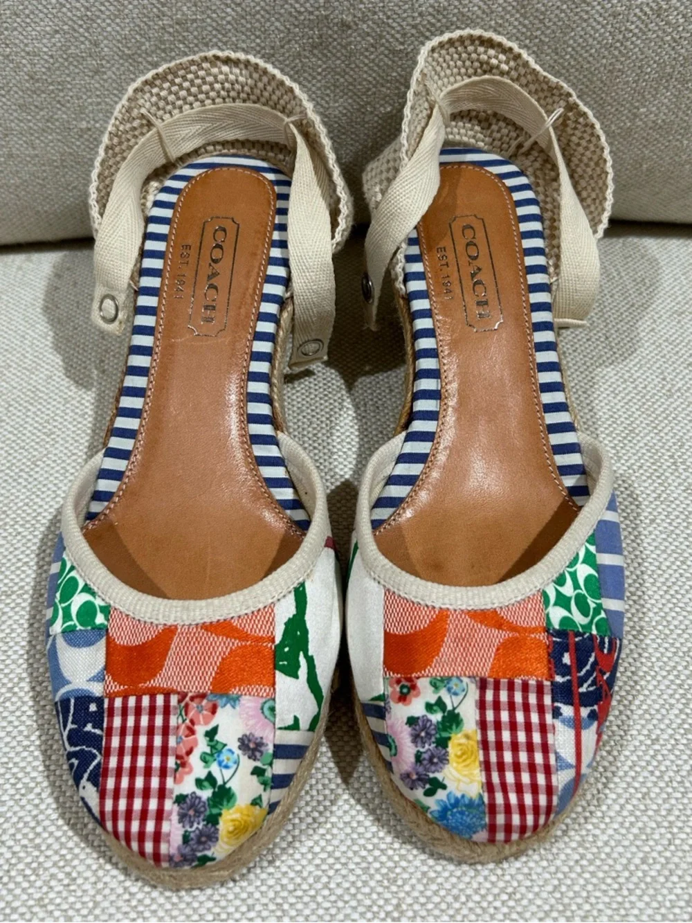 COACH Kerrie Patchwork Espadrille Wedge Canvas Slingback Multicolor Size 7 Boho